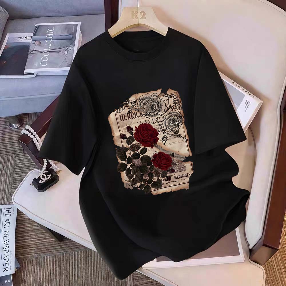 YUYU STUDIO Atasan lengan pendek motif koran desain mawar retro yang tertekan | Baju Oversize Wanita