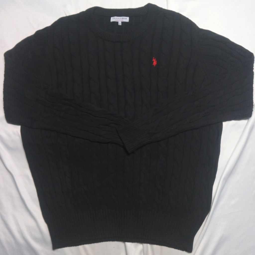 USPA U.S. POLO ASSN Kepang Cable Hitam Pekat Kencang XL Katun Knitwear Sweater Sweatshirt Crewneck R