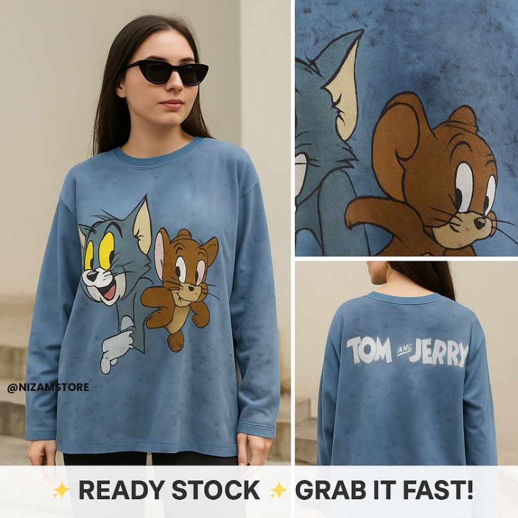 Kaos Katun Oversize Premium Wanita Pria Motif Kartun Lengan Panjang Casual Kekinian