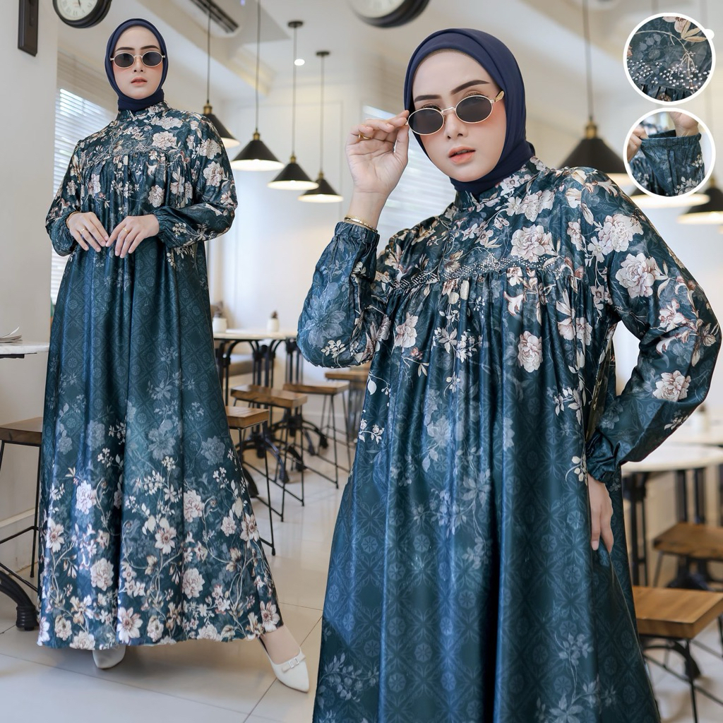 Alika Dress || Gamis Silk Babydoll Terbaru / Gamis Silk Semi Sutra / Gamis Motif Bunga Mewah Ready J