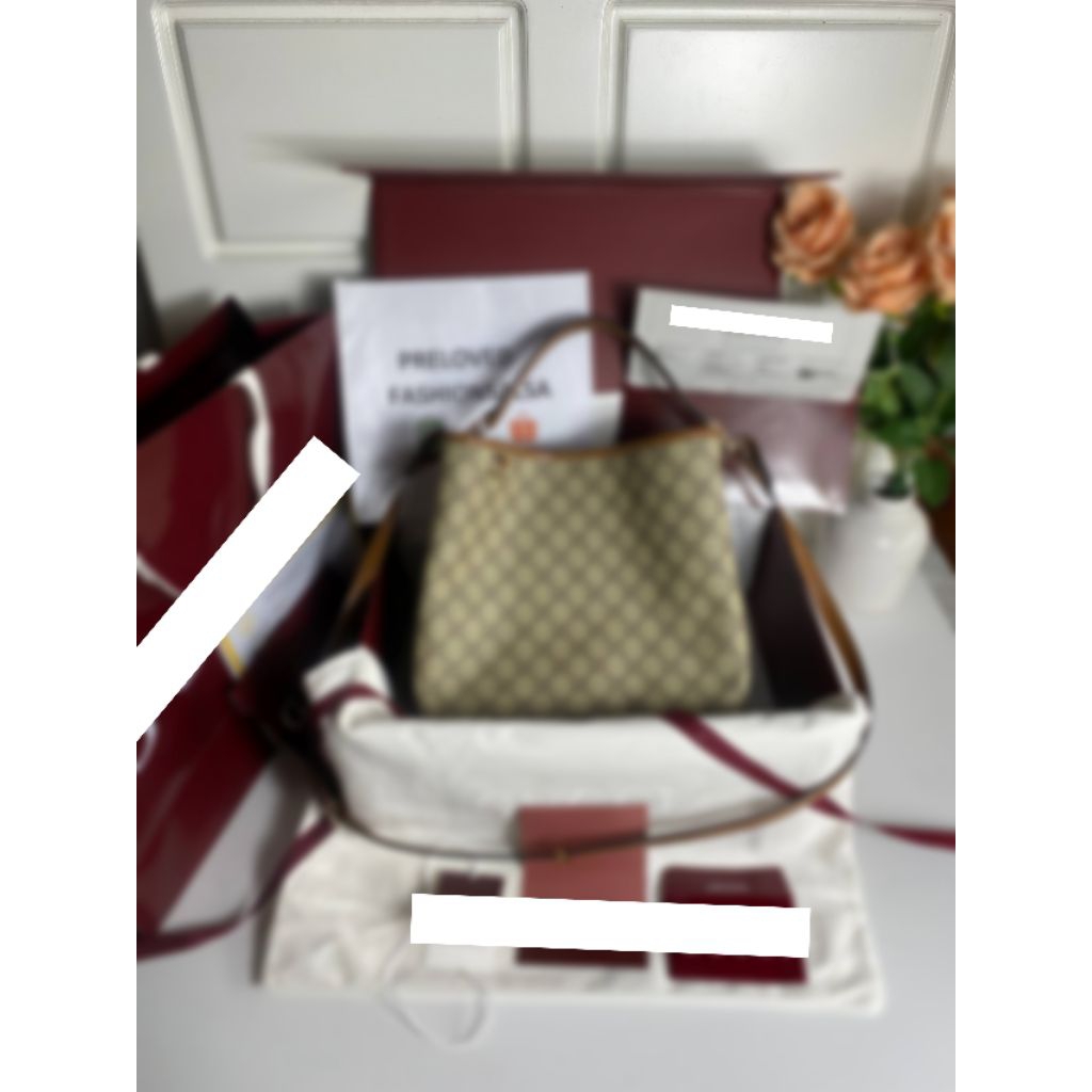 Preloved GG Emblem Monogram Medium Bucket Bag Beige Dark Brown Authentic