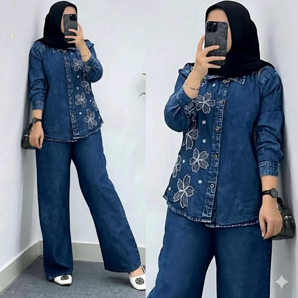 Setelan Jeans Wanita bordir Terbaru Bordir Premium/Set jeans Wanita Bordir