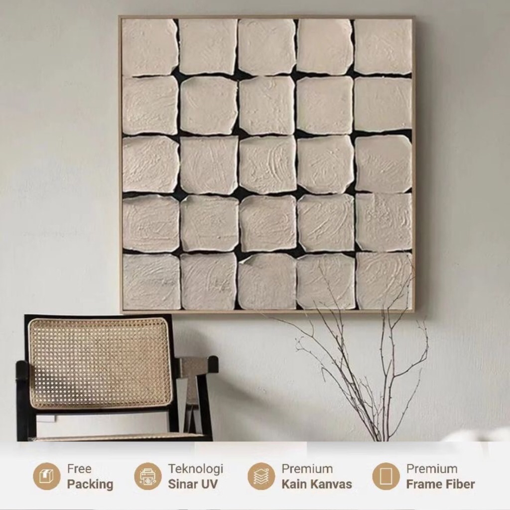 Lukisan Dinding Minimalis Modern 3D Abstrak Motif Kotak Relief Tekstur Estetik Dekorasi Rumah Ruang 