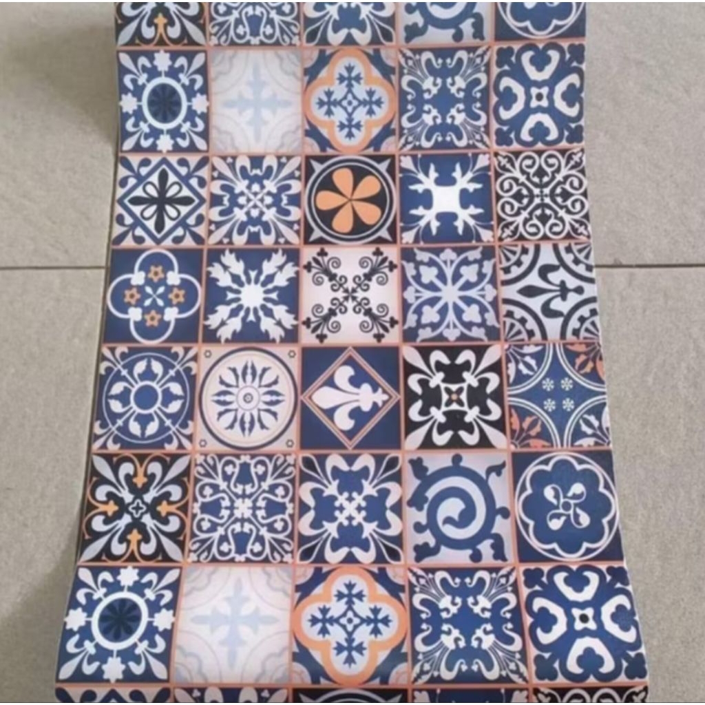 wallpaper sticker premium motif tegel biru klasik