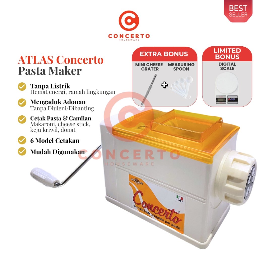 Atlas Concerto Pasta Maker – Alat Cetak Makaroni, Cheese Stick, Keju Kriwil, Pengaduk Adonan Roti & 