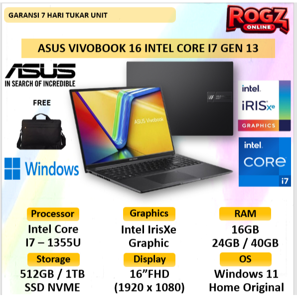 Asus Vivobook 16 Core I7 Gen 13 24GB 1TB SSD Windows 11 16.0 Full HD