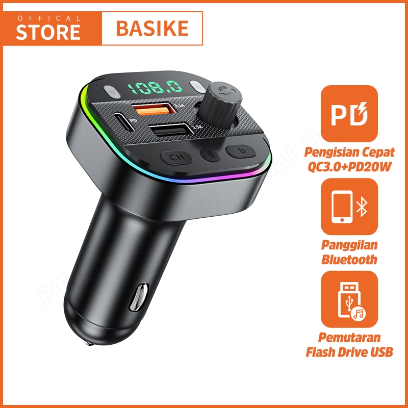 BASIKE Car Charger Colokan Mobil 3 Ports Type C Fast Charging Aksesoris Mobil Bluetooth Transmitter