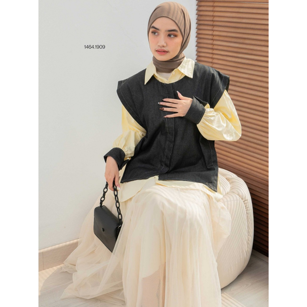 Denim Vest Outer Set Kemeja Lengan Balon | Outfit Layering Korea Vest Jeans