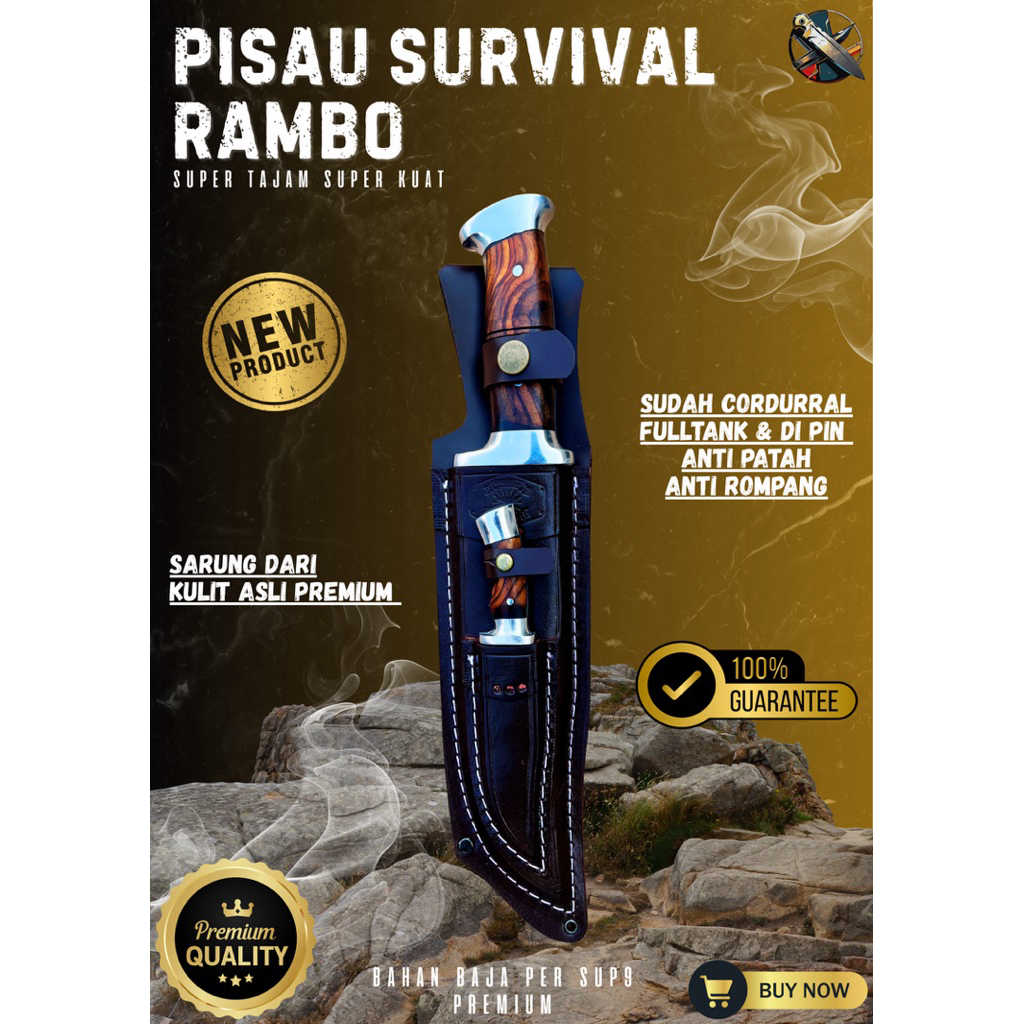 [BILAH_PISAU] PISAU SURVIVAL RAMBO PISAU BAJA SUPER TAJAM 25cm Bahan Baja Per SUP9 Asli Original