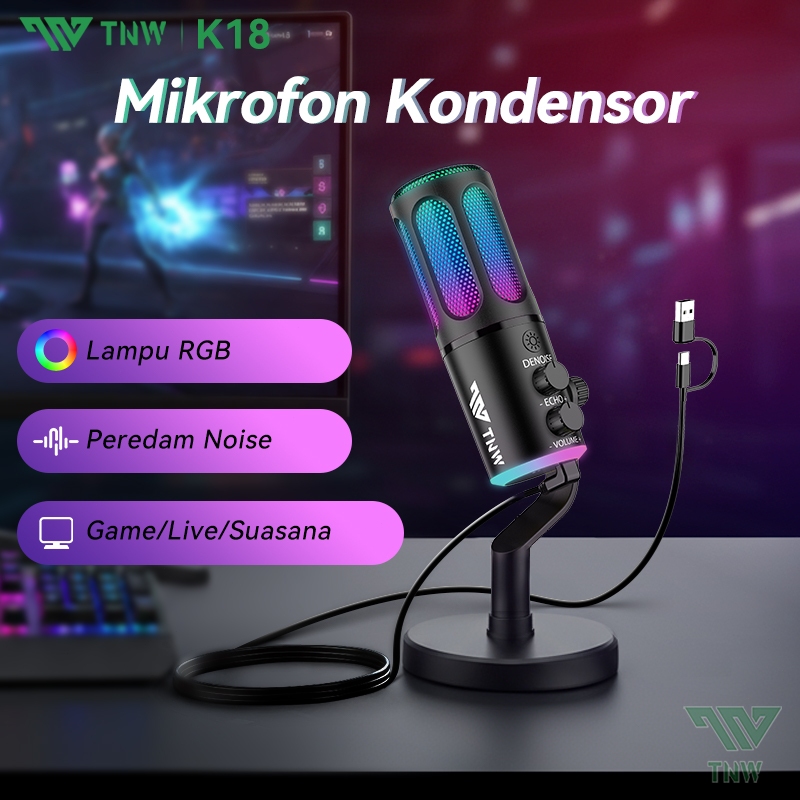 TNW K18 Microphone Condenser USB Type-C Mikrofon with RGB Dynamic Mic for PC Laptop Live Streaming G