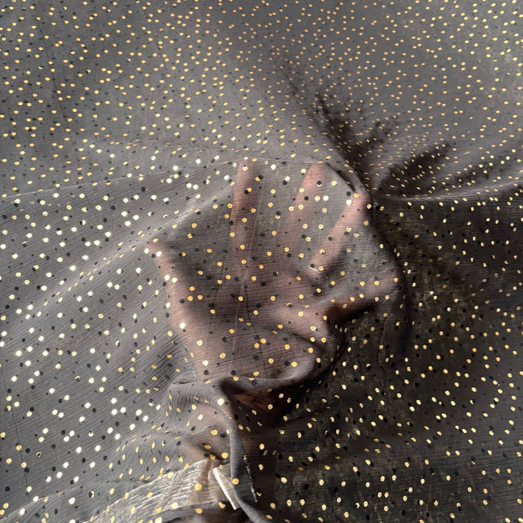 Kain Sifon Ceruty Yoryu Glitter Motif Polkadot Hitam – Bahan Flowly Elegan untuk Gamis, Dress, dan K