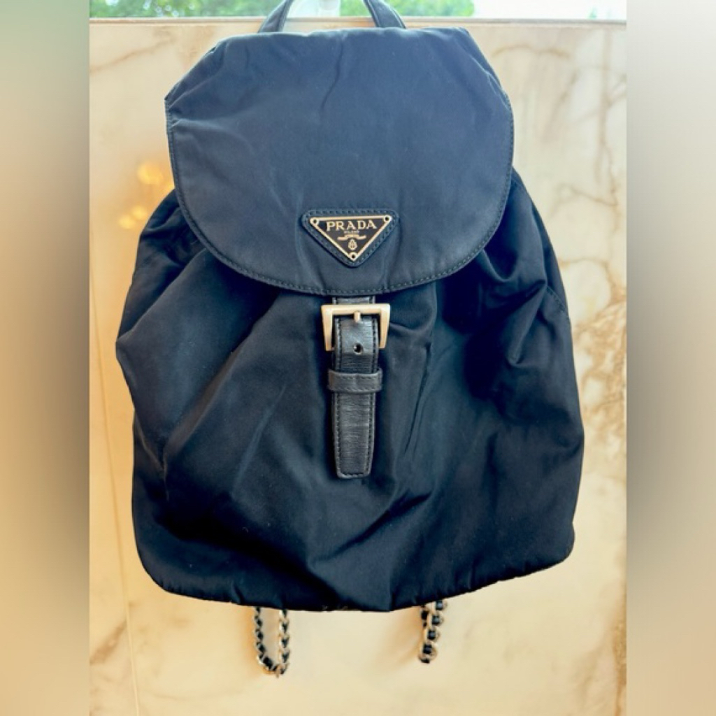 Prada Vintage Nylon Backpack in Black with chain and leather straps‎ in GC