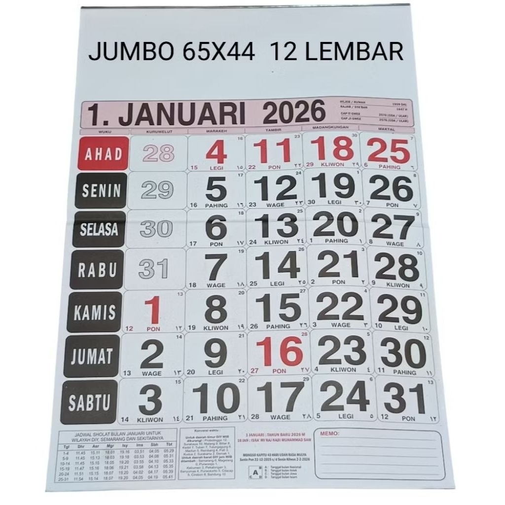 kalender 2026 almanak dinding kalender jawa 12 lembar