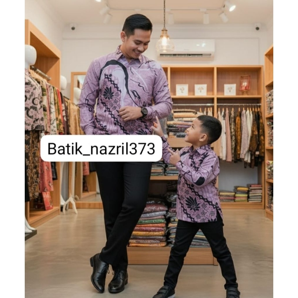 Hem batik dusty pink couple anak dan ayah lengan panjang