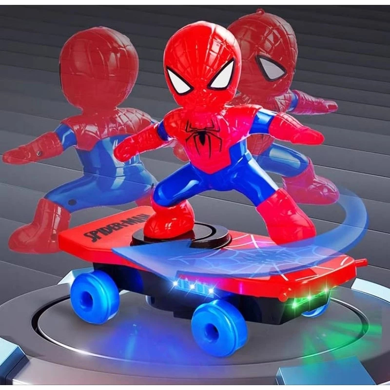 Happy Toys - Mainan Anak Robot Spidermann Skate Board Scooter Stunt Putar 360 Derajat Roda Nyala