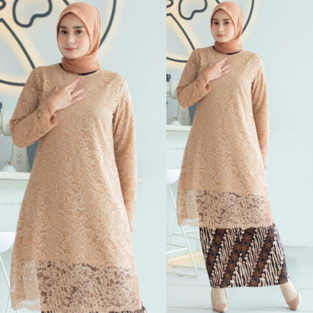 Setelan Kebaya Tunik Kurung Brokat Muslim Mocca/Kebaya Longcape Wanita Modern Kekinian