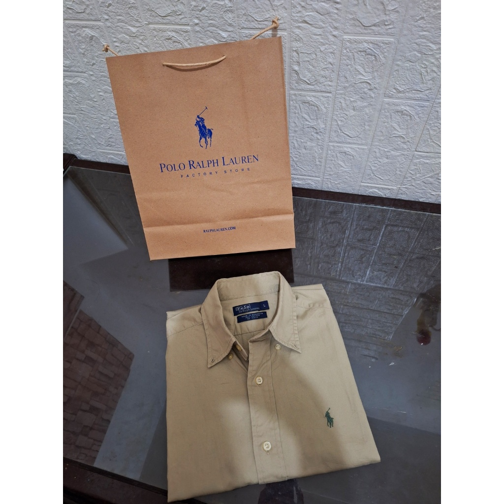 Kemeja Polo Ralph Lauren Cream Khaki Pria Wanita Oxford Cotton Slimfit Original