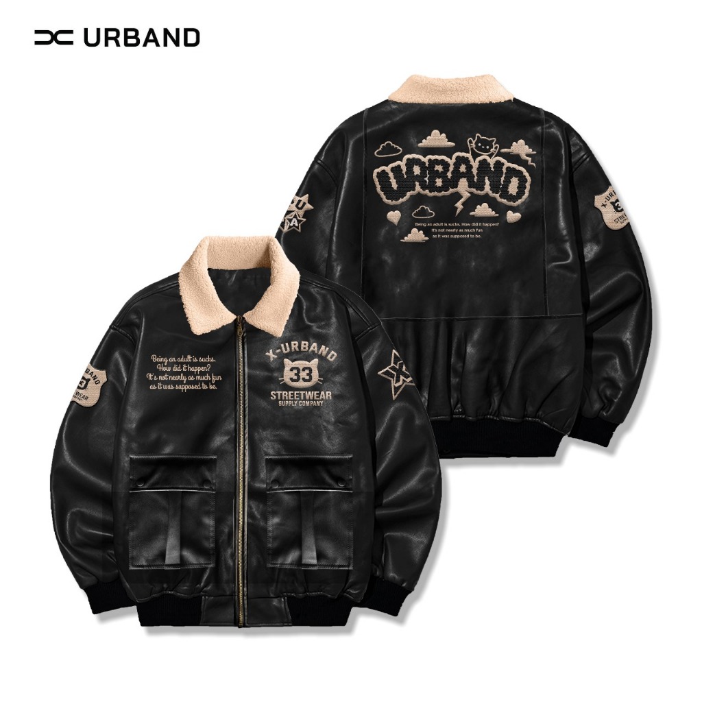 Jaket Bomber Dewasa Kulit Kerah Sherpa Full Bordir - Jaket Kulit Sintetis Pria Wanita