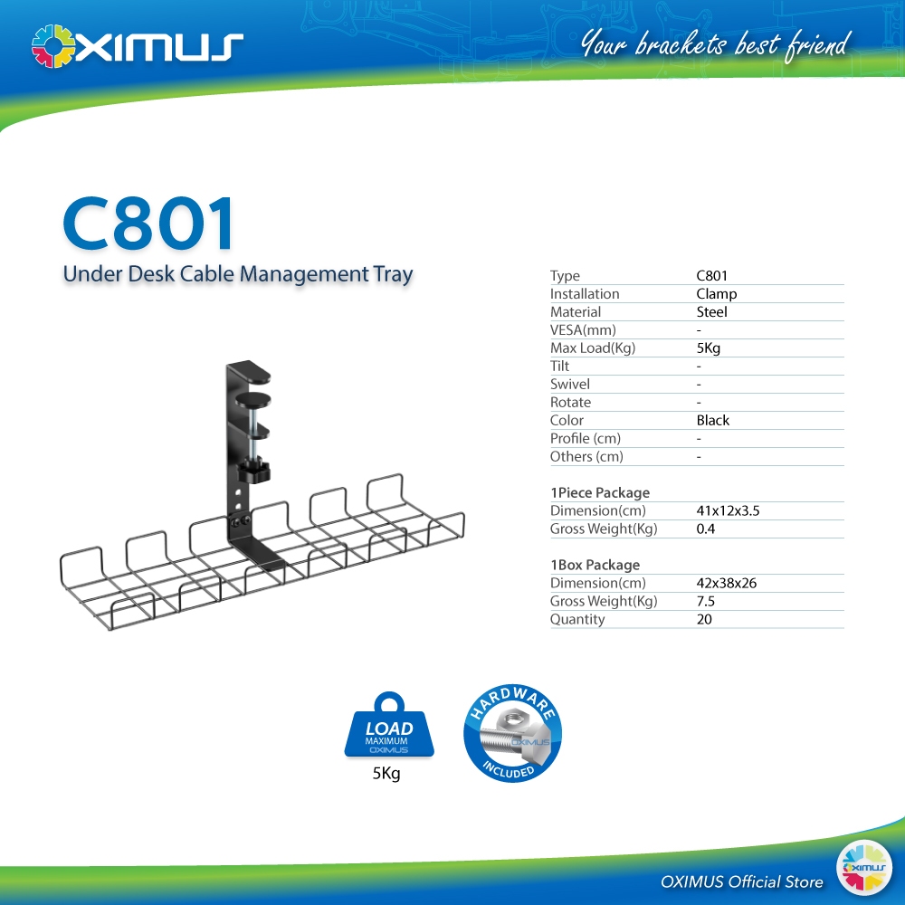Oximus C801 Compact Clamp-On Under-Desk Cable Management Tray – Rak Kabel Meja Jepit Tanpa Bor, Pema