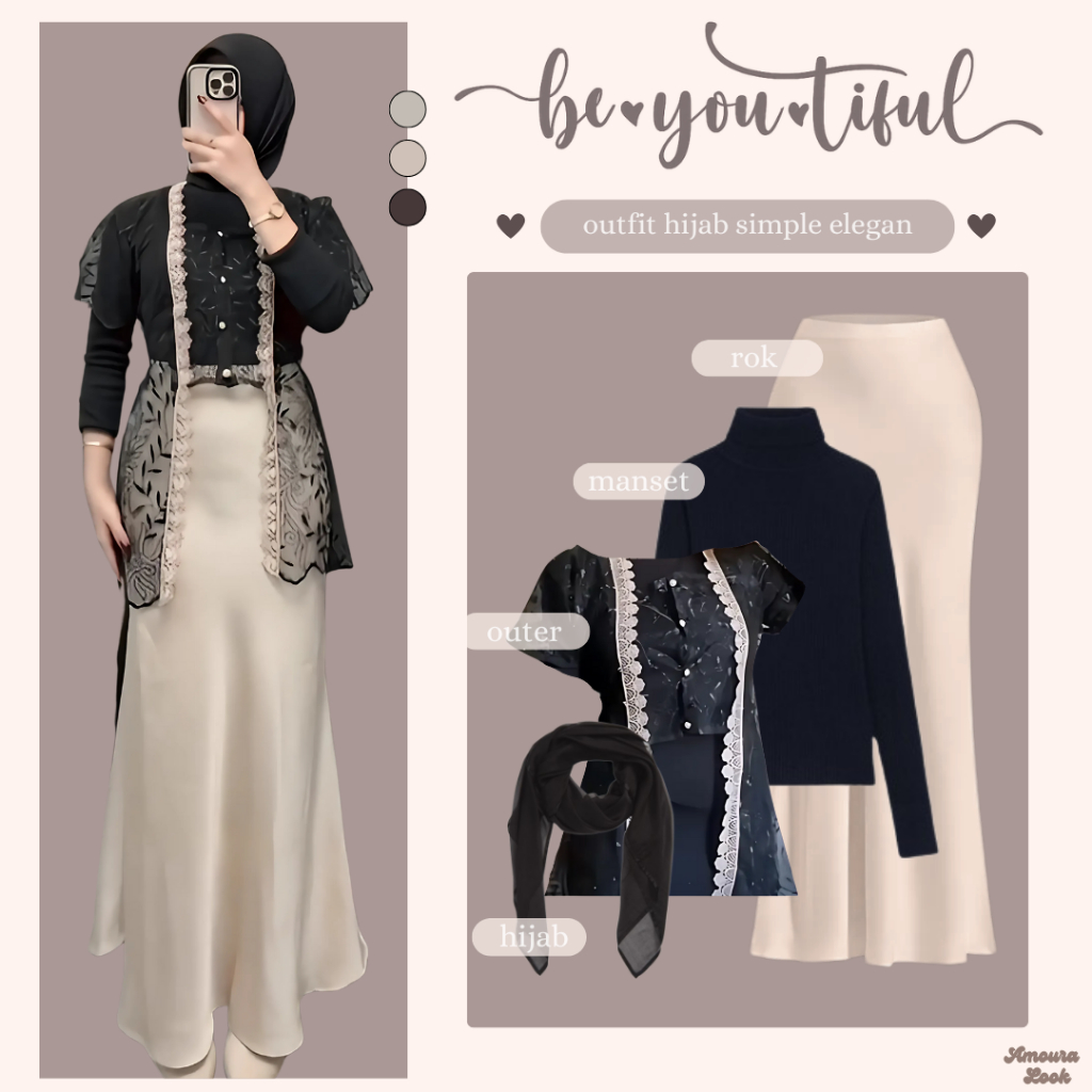 Outfit Wanita Kekinian ( Outer Brokat + Manset + Rok Duyung + Jilbab ) One set Kondangan - Kaynara