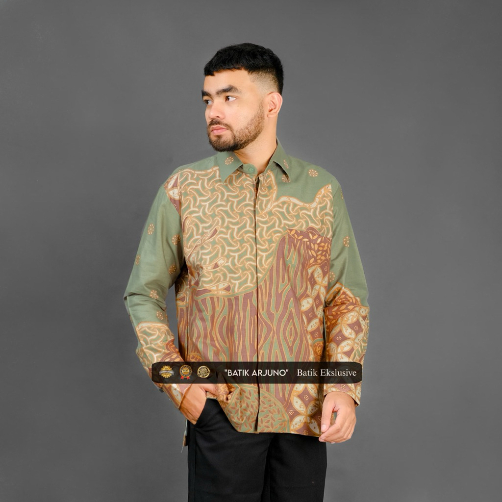New Sage Green kemeja batik pria lapis furing lengan panjang Hijau Sage