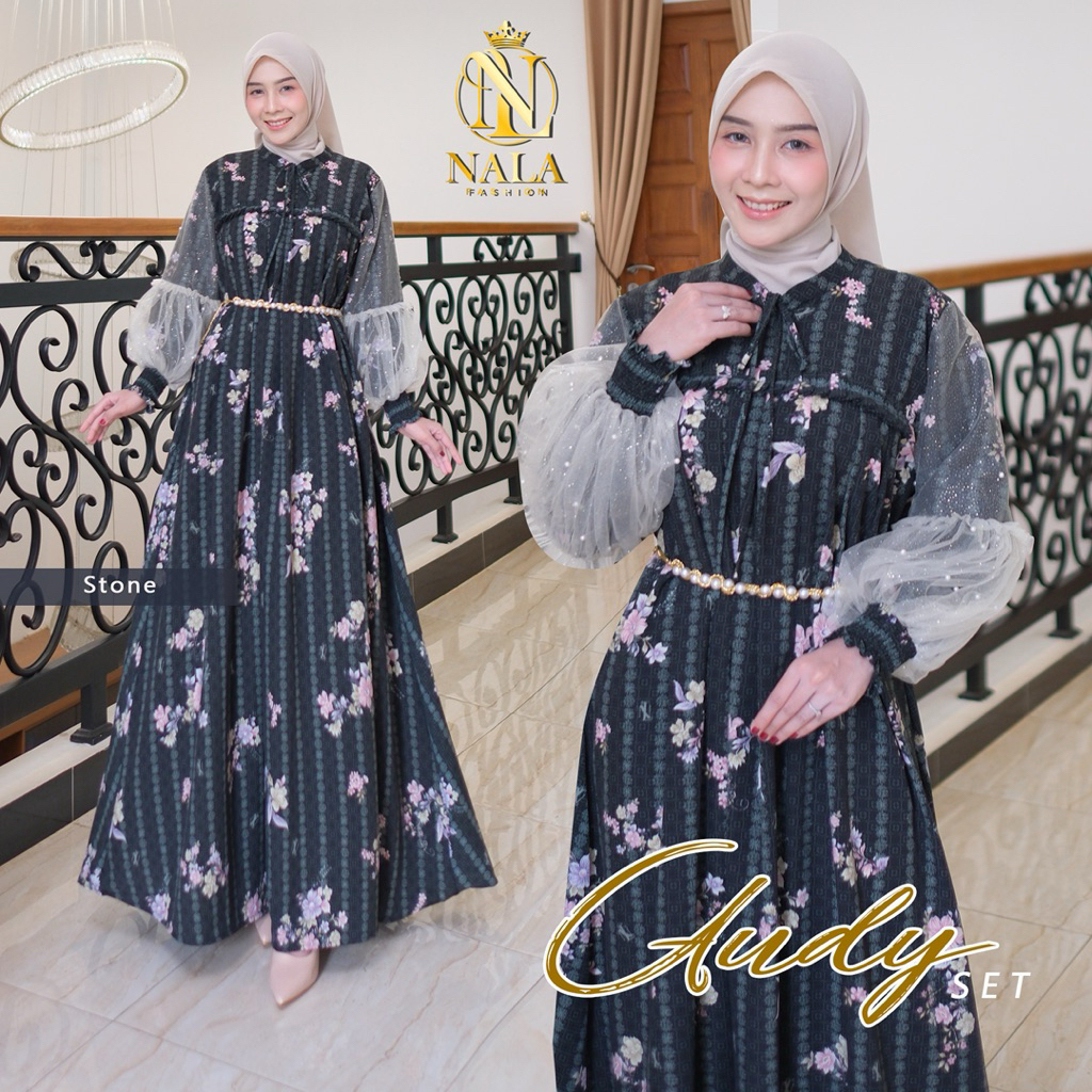 Audy Maxy Dress bahan casey silk polymicro gamis cantik motif printing bunga aksen rempel tali leher