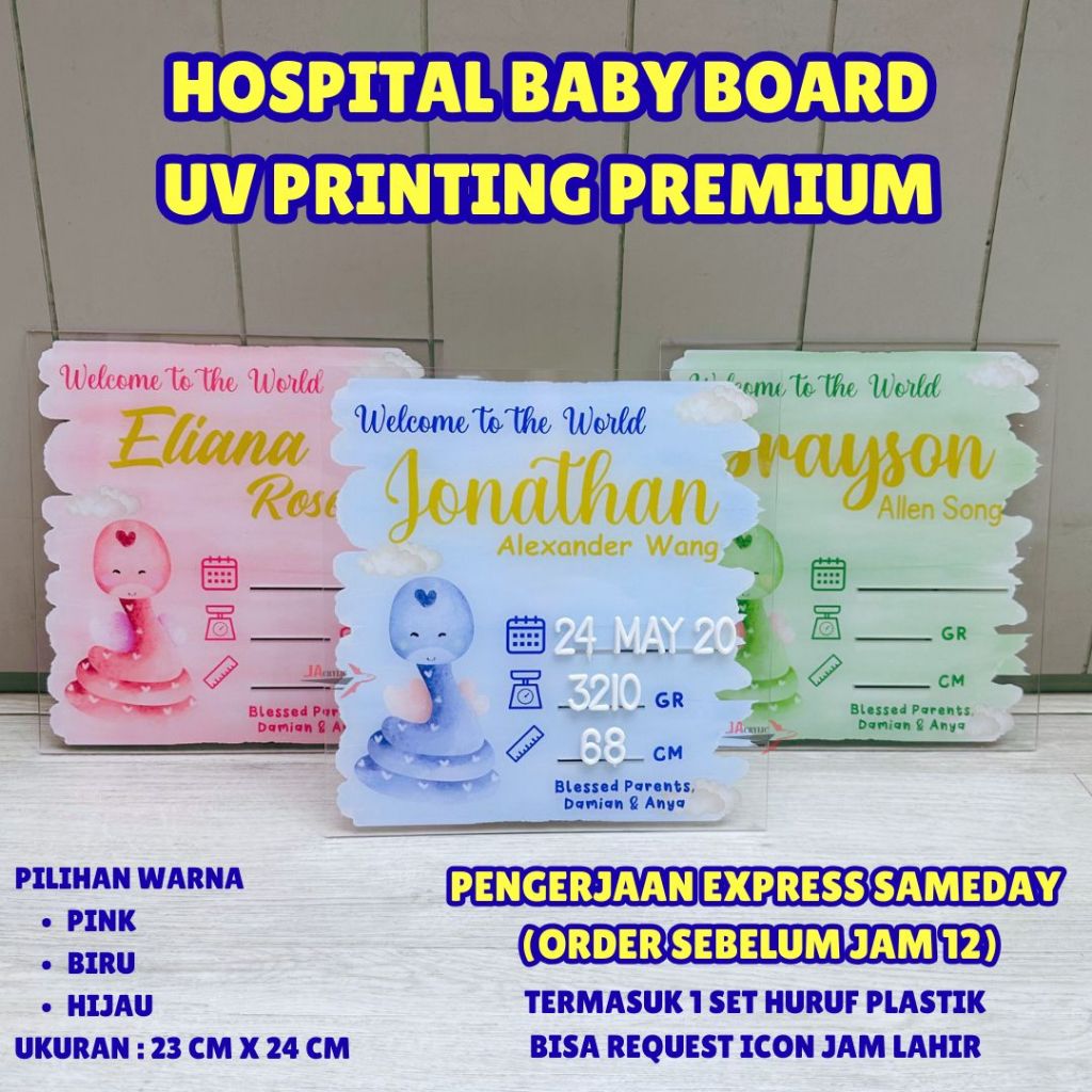 Hospital Baby Board UV Printing Premium – Papan Bayi Baru Lahir Custom Nama & Data Lahir