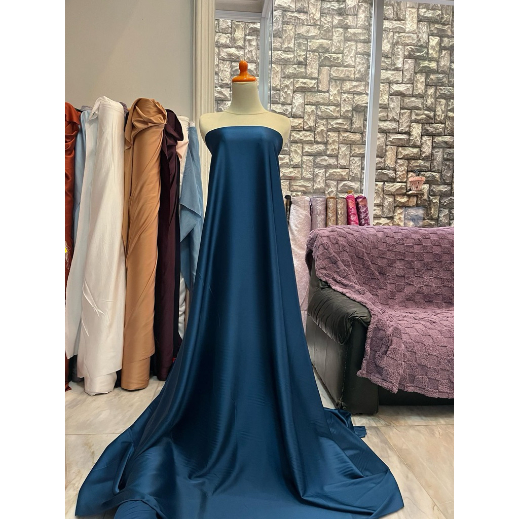 Bahan Kain Satin Armni Silk Flowy Mewah Warna Turkish Emerald Blue