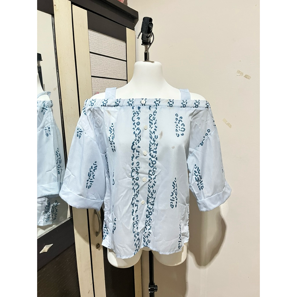 Blouse off shoulder biru muda korean style baju atasan top wanita murah cantik