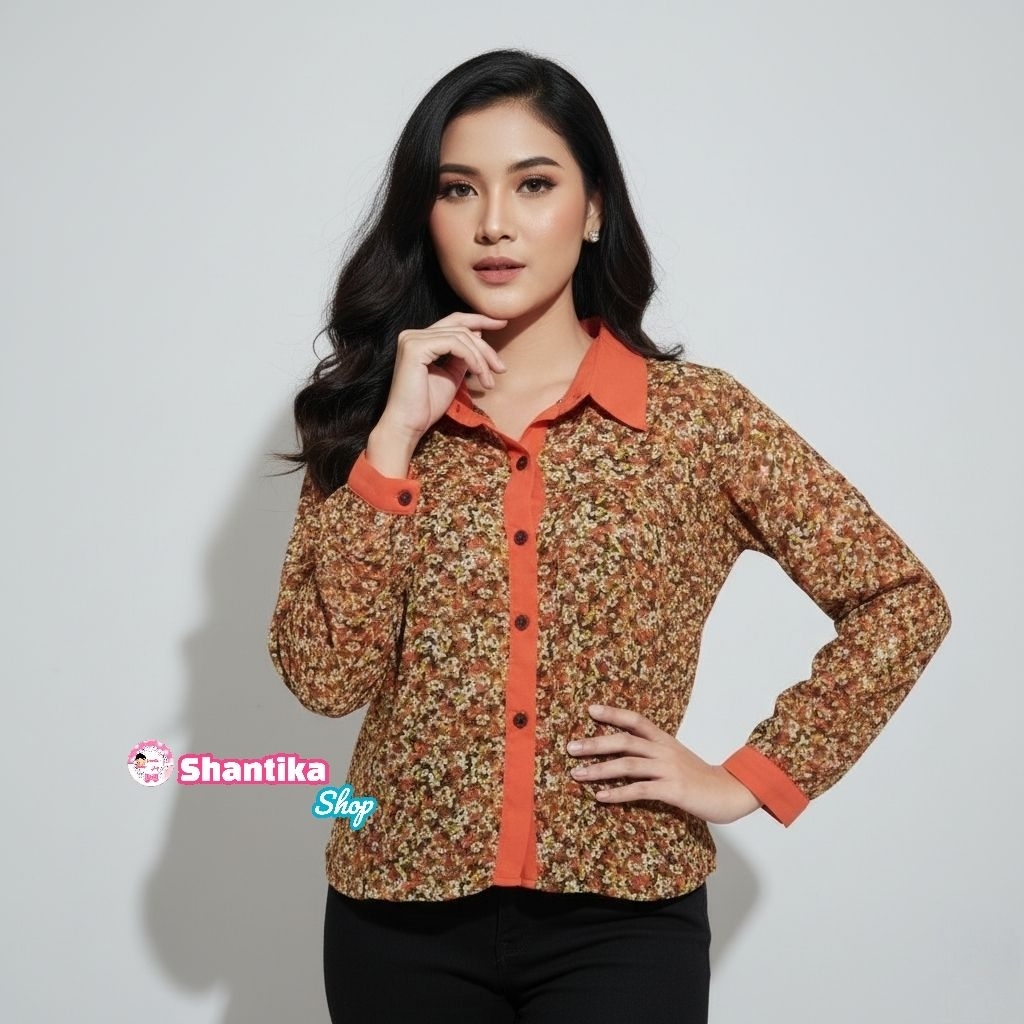 Preloved Atasan Motif Bunga Bahan Sifon Wanita Dewasa
