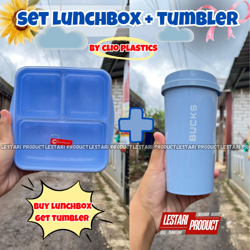 1 SET LUNCHBOX CLIO 3 SEKAT + TUMBLER BUCKS | LUNCHBOX PLASTIK 3 SEKAT | TUMBLER PLASTIK | BOTOL MIN