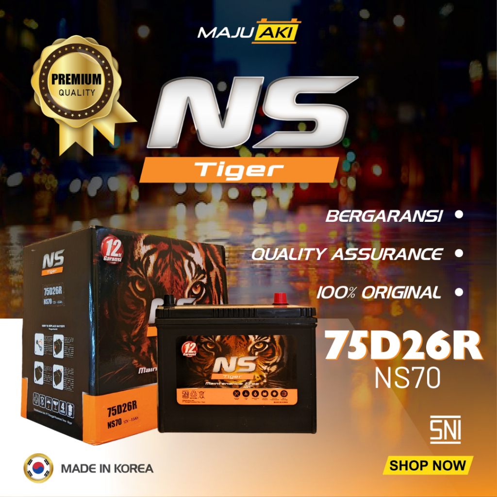 Aki Mobil 65Ah 12V Aki Kering Premium NS Tiger MF NS70 75D26R Tahan Lama Kualitas Korea