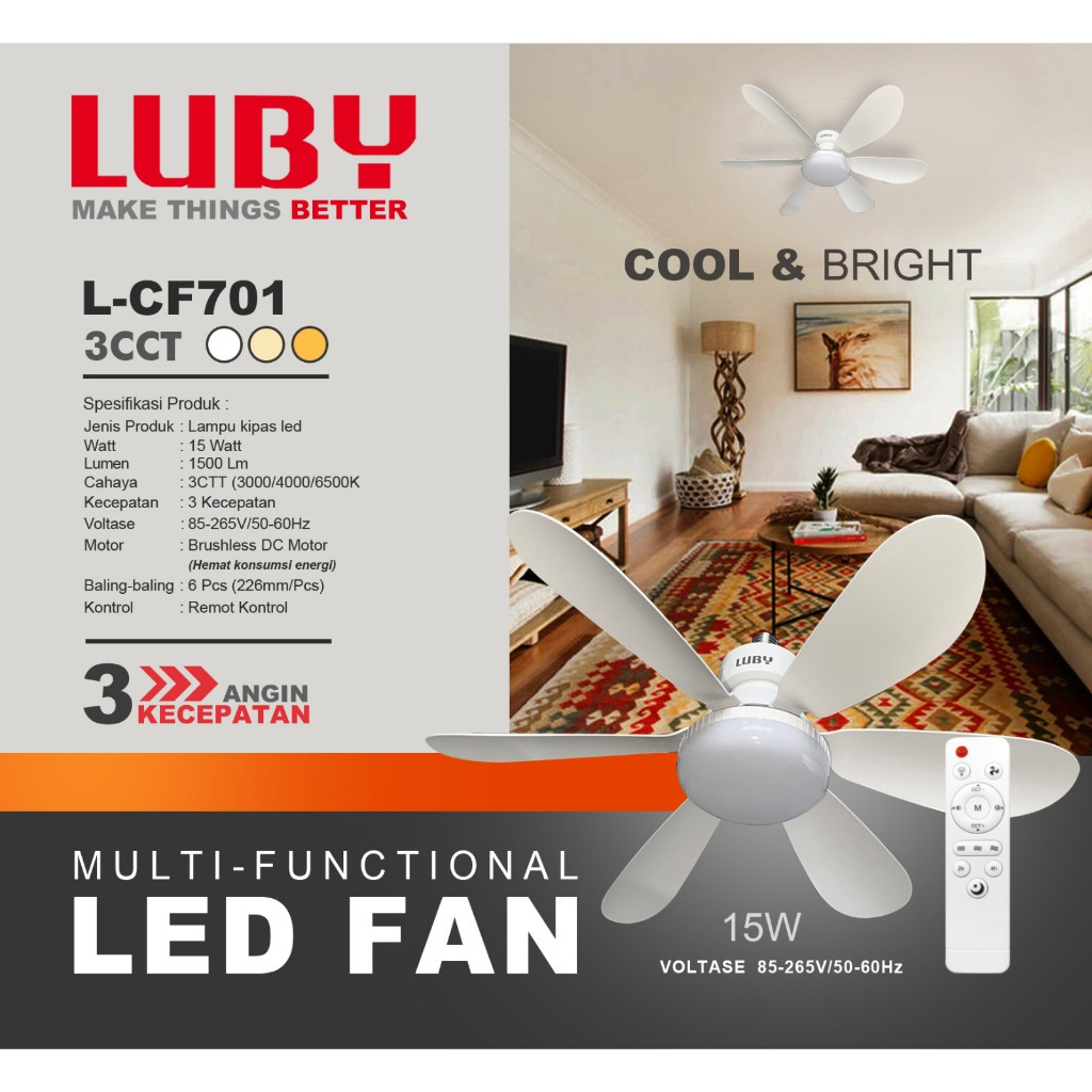 Kipas Angin Plafon 15w LED 2in1 E27 luby L-CF701 Multifungsi dengan Remote dimmer fan gantung dinamo