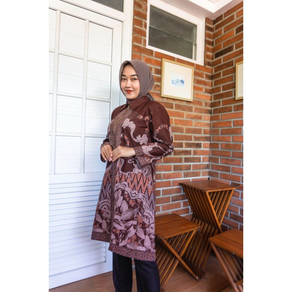 Tunik Abstrak Mahony bahan katun berlpis tricot