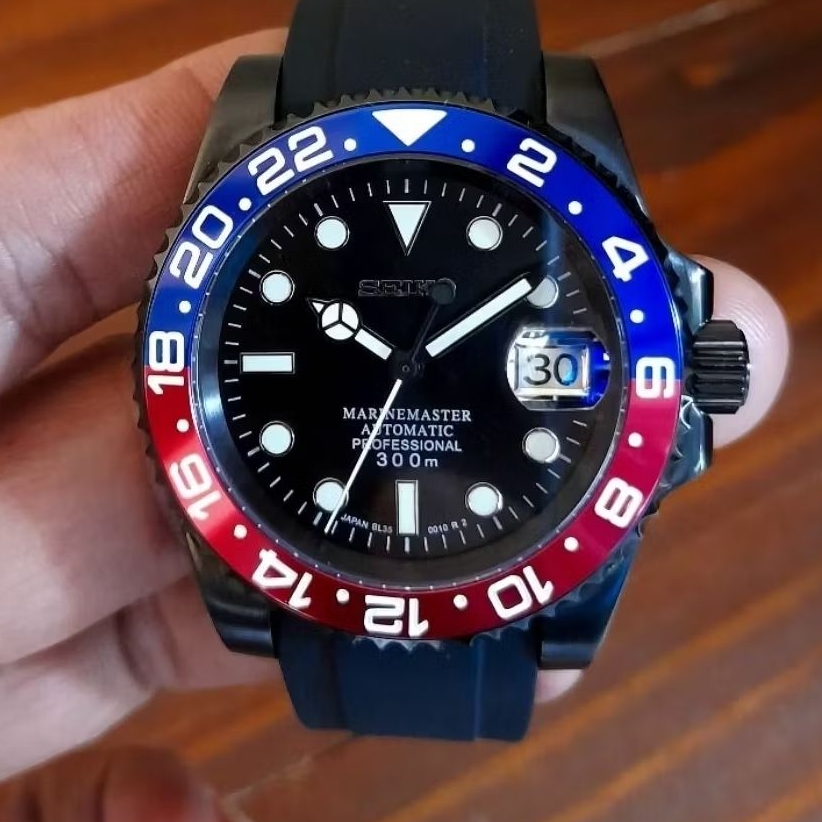 seiko mod pepsi black submarine nh35 movement automatic