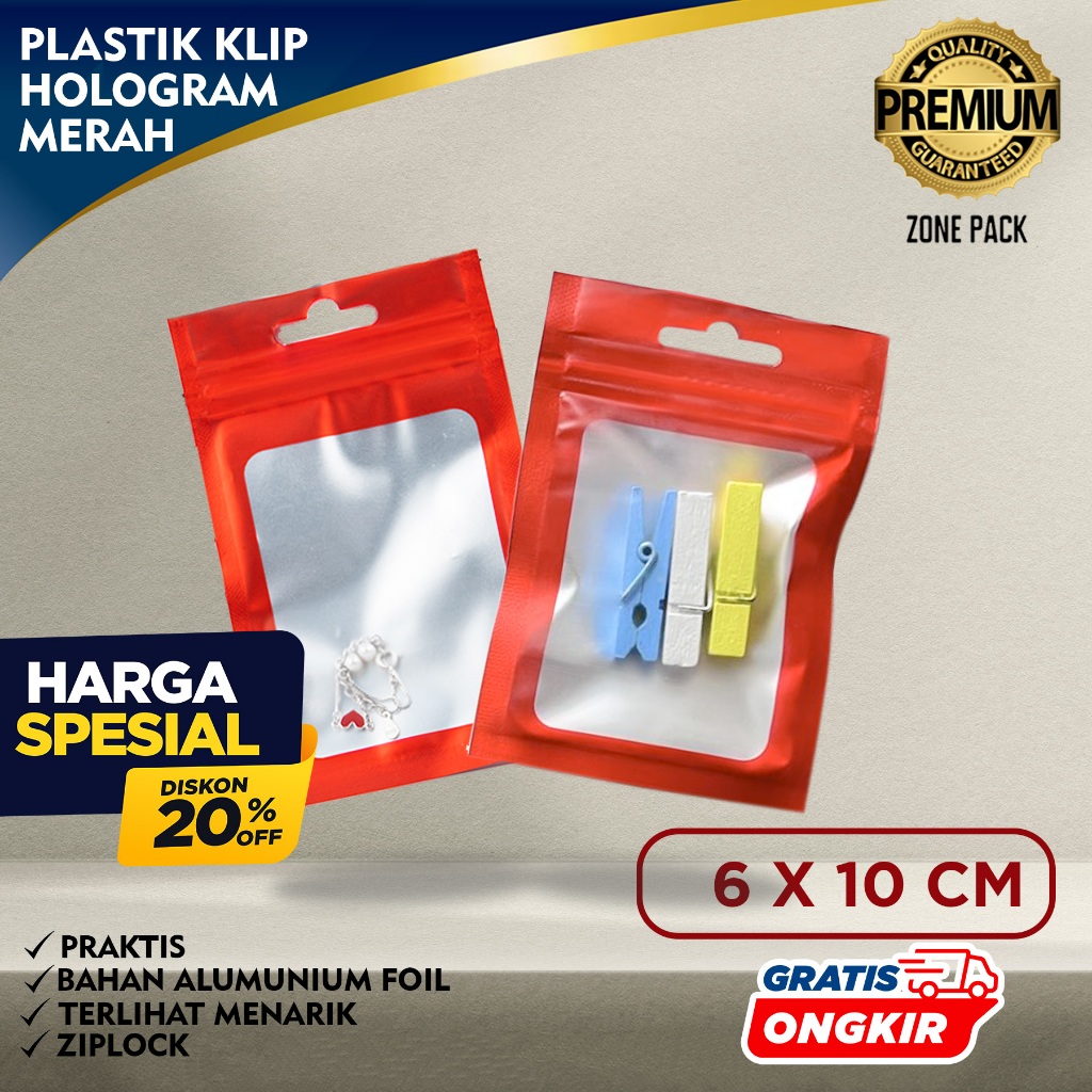 Plastik Klip Hologram Warna Merah 6x10 CM  | Ziplock Hologram Foil | Plastik Klip Accessories | Plas