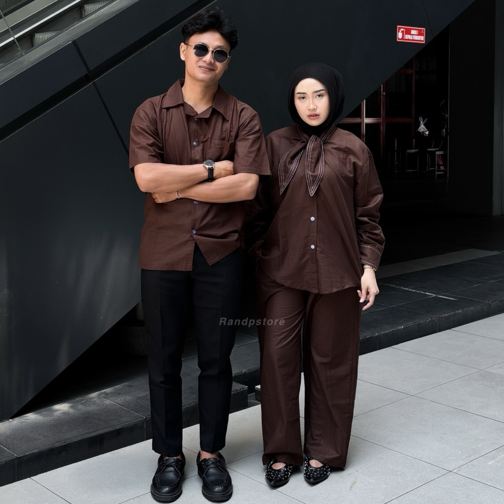 HANA Linen Setelan Kemeja Wanita dan Kemeja Pria Linen Polos - One Set Kemeja Wanita Kasual