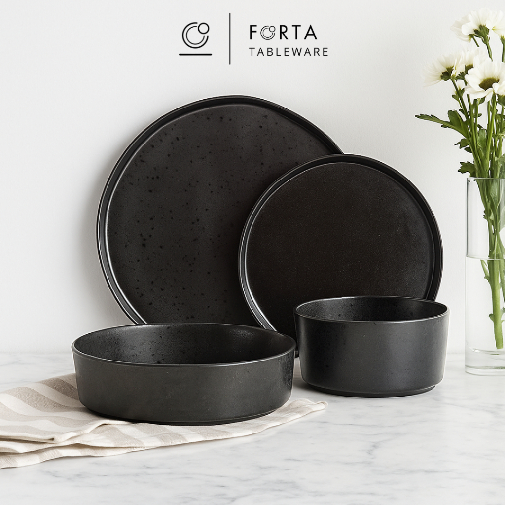 FORTA Set Dinner Piring Mangkok Hitam Series Marble Keramik Premium / Dinner Plate Black Marble
