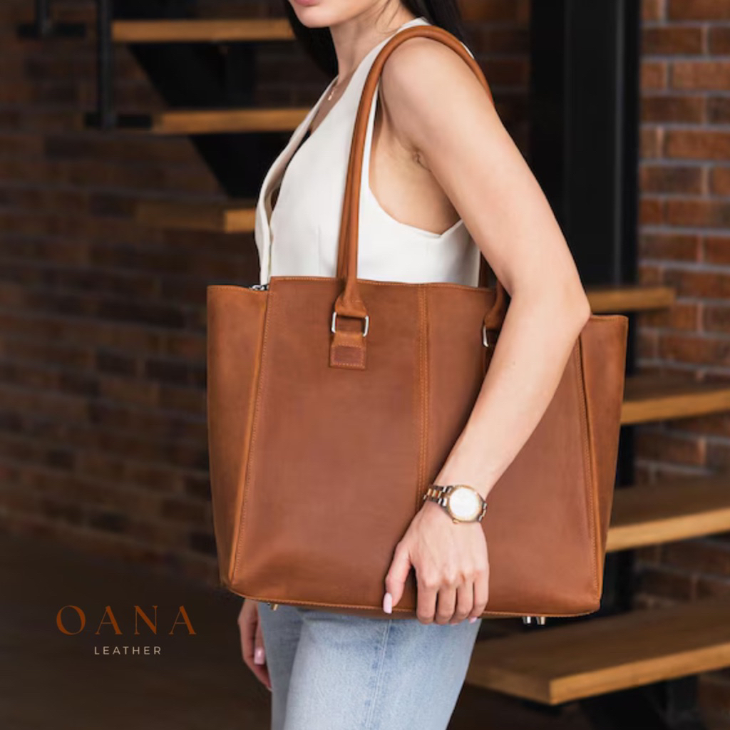 OANA Tas jinjing kerja kulit besar, Tas bahu besar wanita, Tas travel wanita, Tas dengan lengan trol
