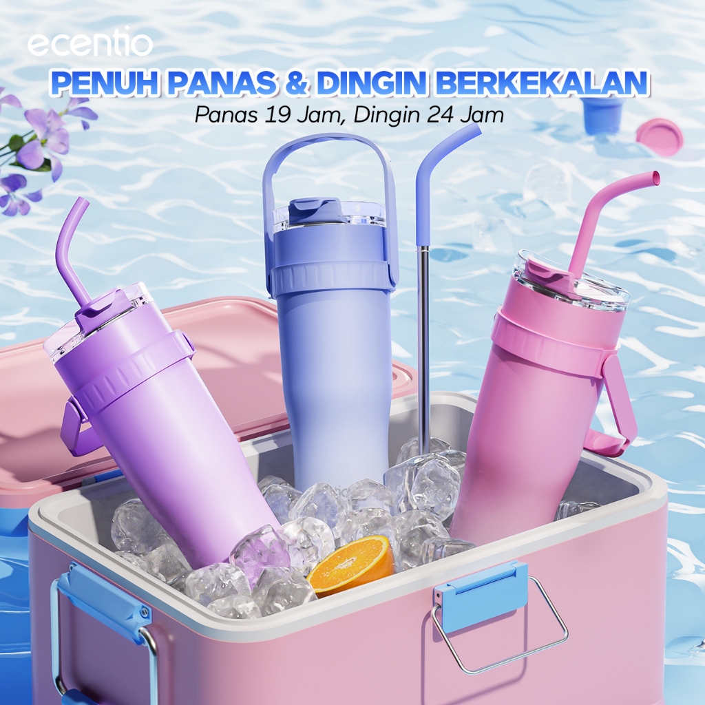 [New] ecentio tumbler aesthetic stainless cooler set Merah muda 1200/900/750ml botol minum aesthetic