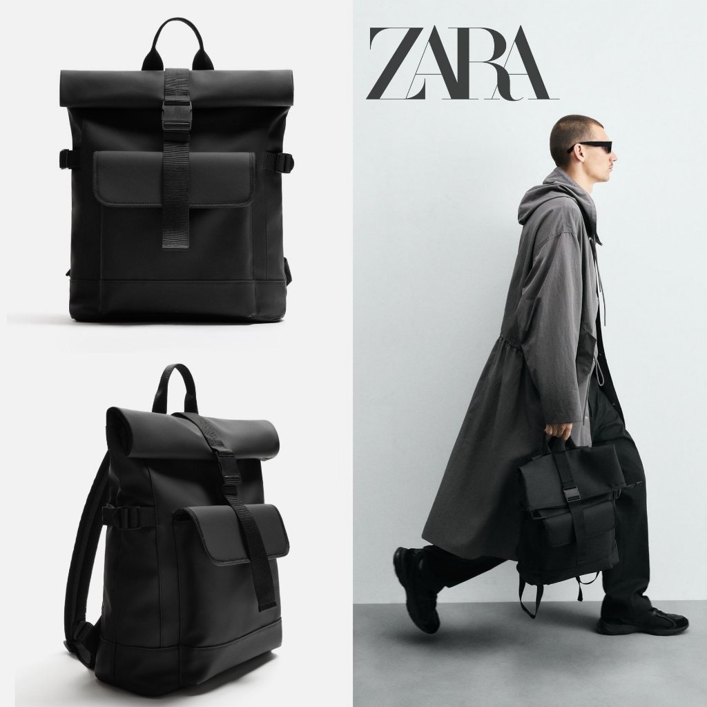 Tas Ransel Pria Zara Rubberised Flap Backpack Original Hitam Cowok Laki Laki Man Bag Tas Punggung Li