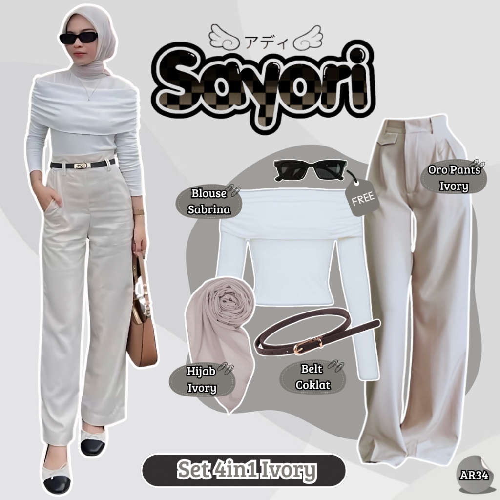 Outfit Hijab Style ( Blouse Sabrina,Oro Pants,Hijab,Belt Coklat ) Ootd Nongkrong Free Kacamata -AR34