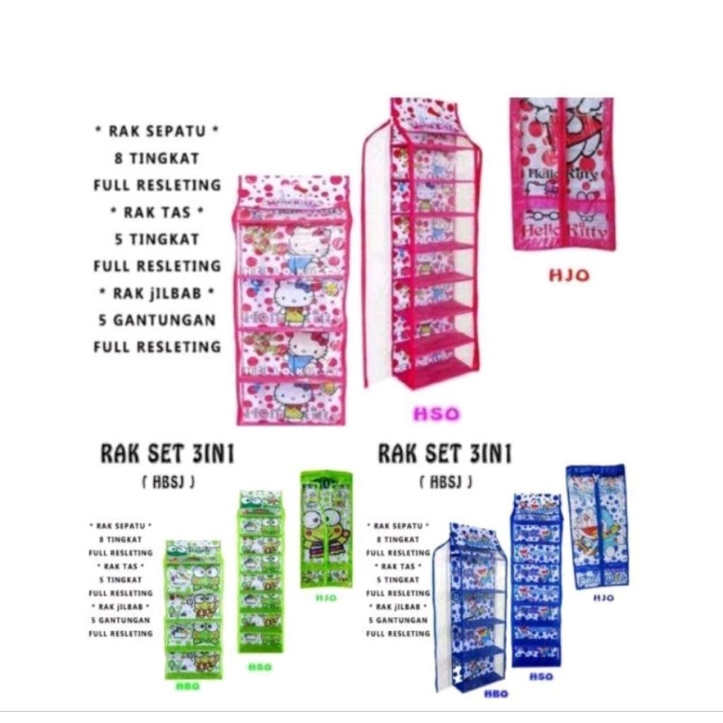 Rak Gantung Karakter Set 3 in 1 HBO HSO HJO Motif Hello Kitty & Keroppi Dilengkapi Resleting untuk S