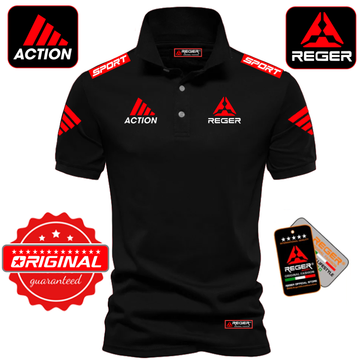 BAJU POLO SABLON REGR ACTION  GARIS RED DIBAHU BAJU WANITA LAKI UNISEX TEE T-SHIRT KAIN 100% COTTON 