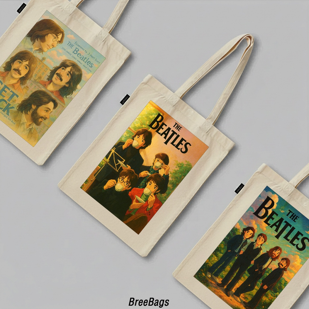 BreeBags Totebag  Tas Kanvas Hitam Totebag Band The Beatles Retro Anime Tote Bag Unisex Kekinian