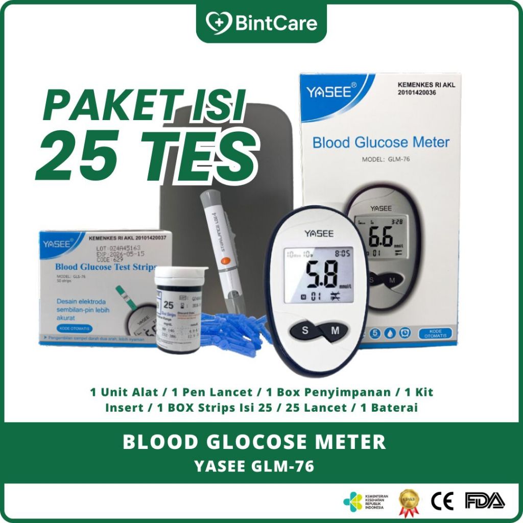Yasee GLM-76 Alat Tes Gula Darah Akurat – Garansi Seumur Hidup + 25 Strip