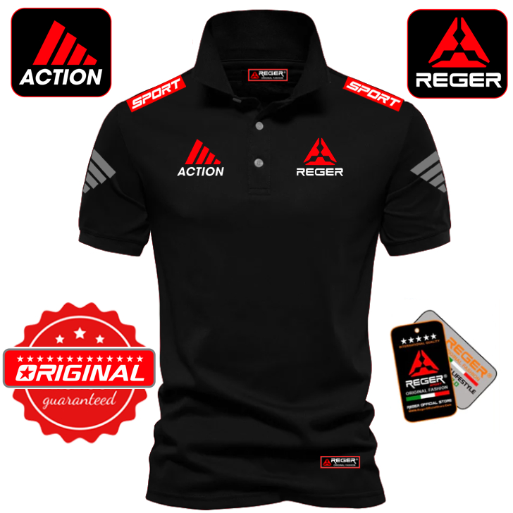 BAJU POLO REGER ACTION GARIS SILVER DIBAHU BAJU WANITA LAKI UNISEX TEE T-SHIRT KAIN 100% COTTON LEMB