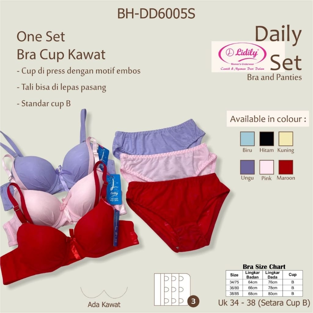 [ZDS] BH LYDYLY SET D6005S - CUP A KAWAT BUSA TIPIS SETELAN BH CELANA DALAM KAIT 2 34 36 38 SEXY BRA