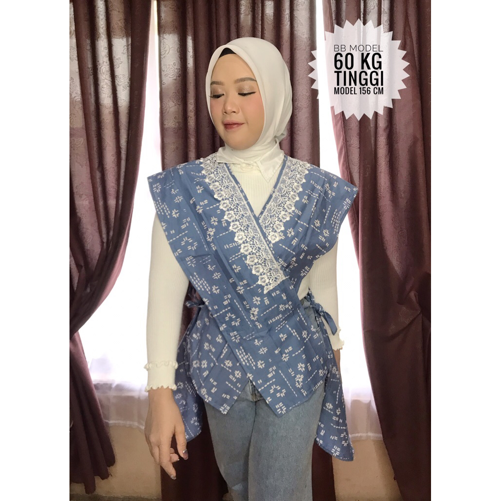 Outer Bordir Vest Brokat Embroidery Wanita Outer Brokat Batik Lace Blue Denim - All Size