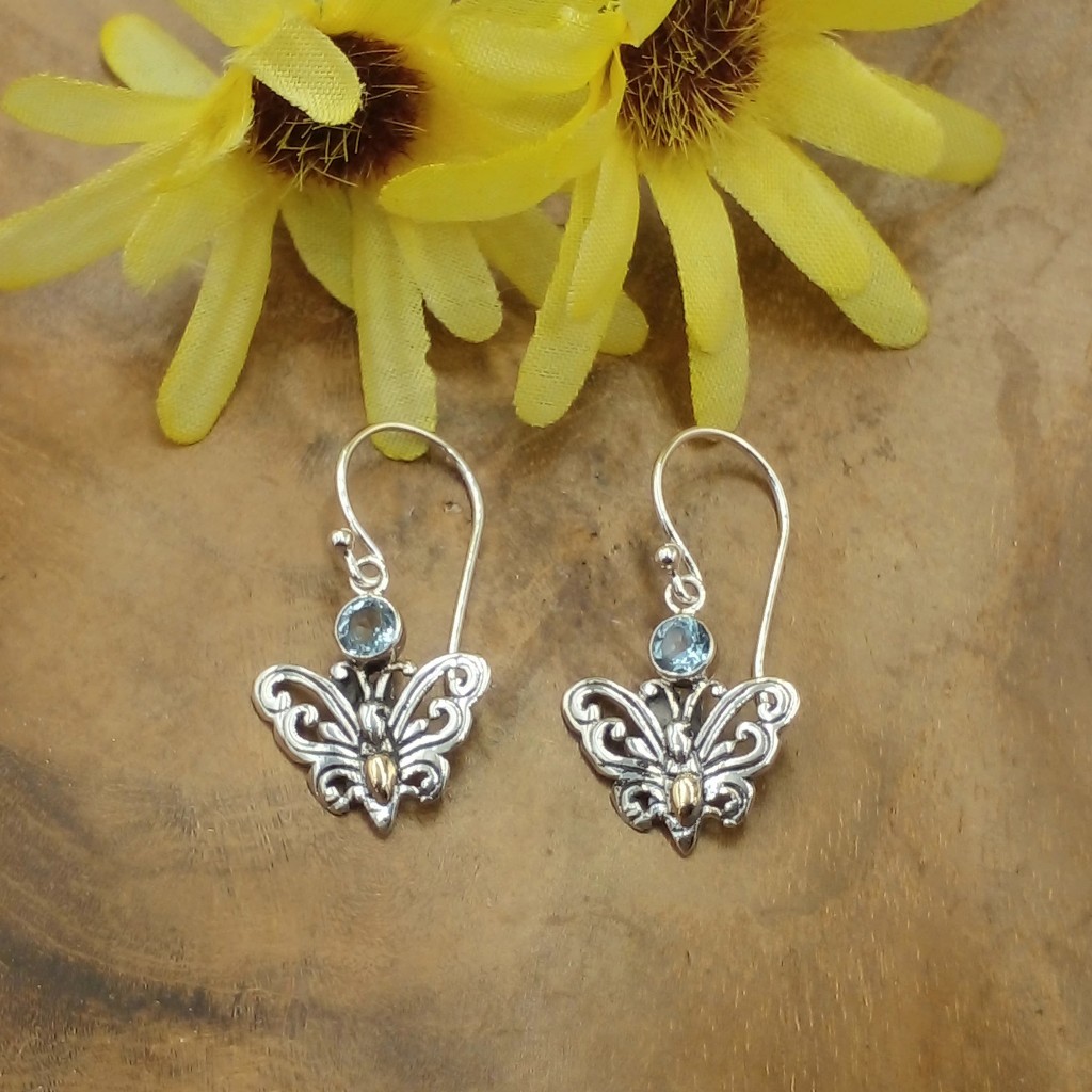 Anting Perak Kupu-Kupu Kecil dengan Permata dan Emas E1743